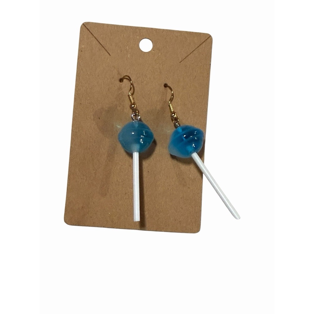 Blue Lollipop Charm Dangle Earrings Gold Tone Fishhook Novelty Candy Jewelry Y2K